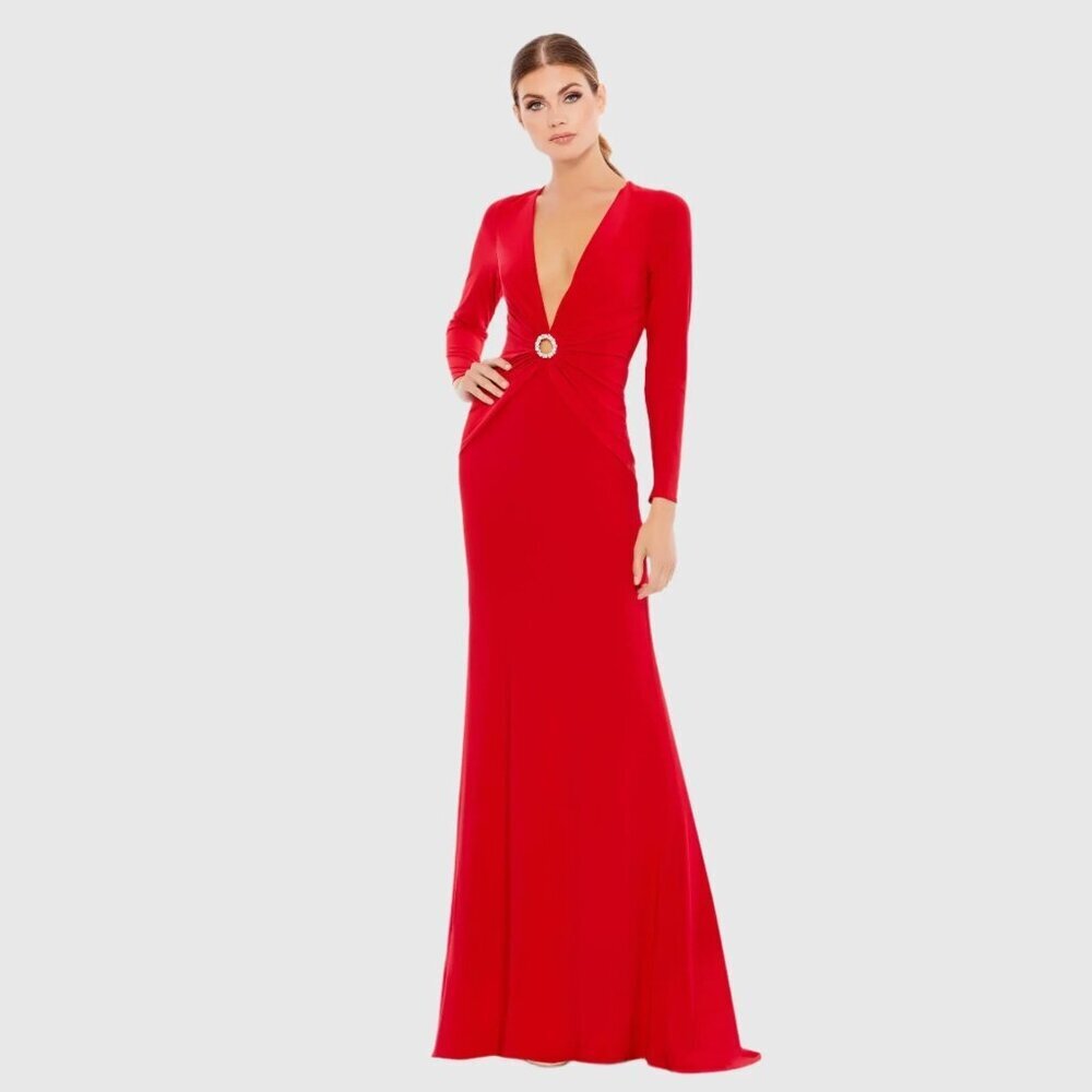 NWT Ieena for MacDuggal Gathered Pearl Long Sleeve Keyhole Gown Red 2